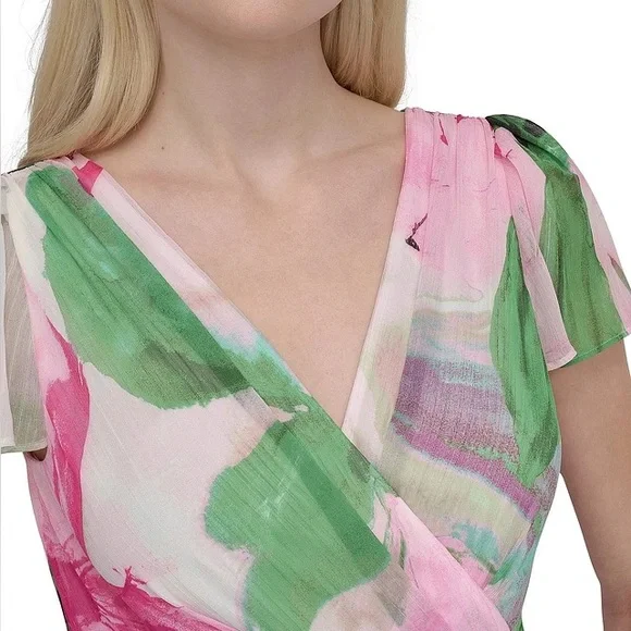 NWT DKNY Floral Print V-Neck Wrap Dress - Picture 4 of 5